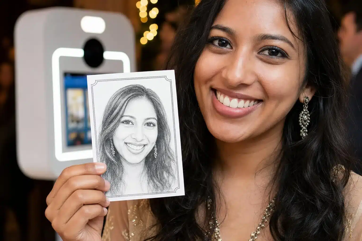 Guest holding her AI sketch photo booth print at an event