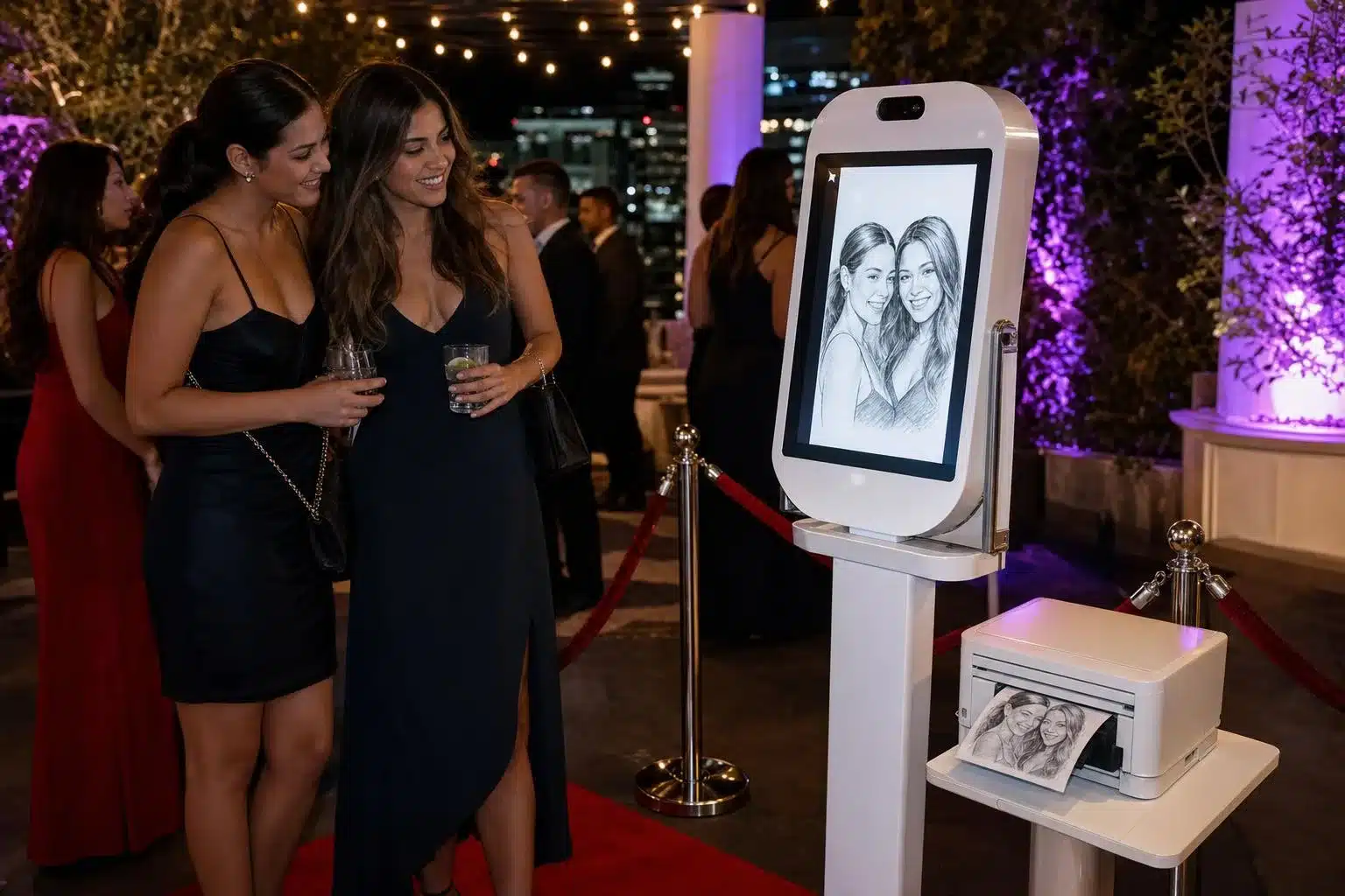 AI sketch photo booth printing sketch portraits at a Los Angeles party